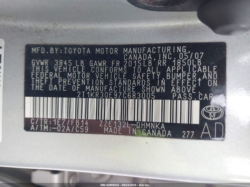 2007 Toyota Matrix Xr VIN: 2T1KR30E97C683005 Lot: 42969242