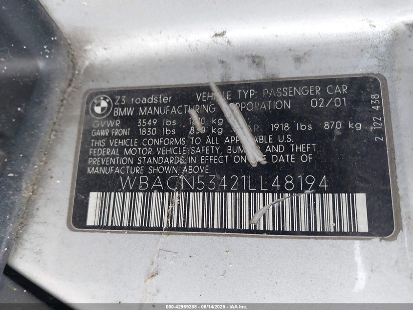 2001 BMW Z3 3.0I VIN: WBACN53421LL48194 Lot: 42969288