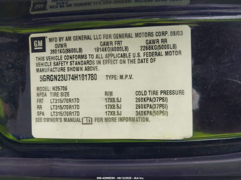 2004 Hummer H2 VIN: 5GRGN23U74M101780 Lot: 42969290