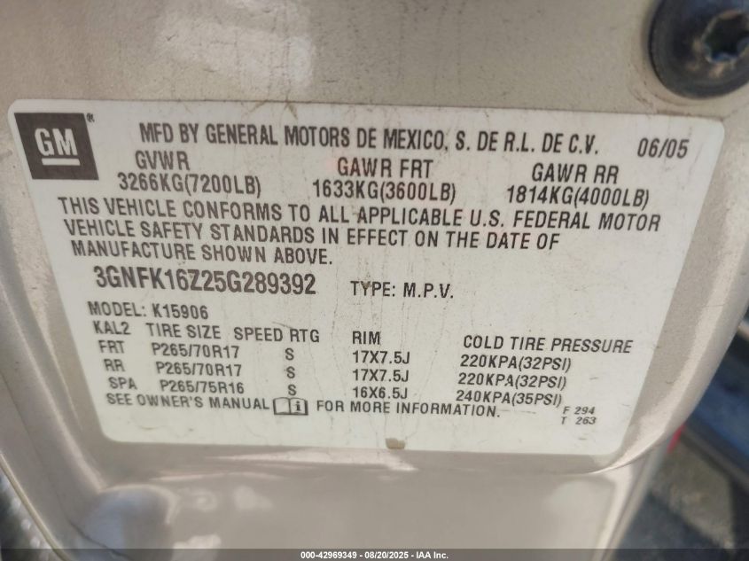 2005 Chevrolet Suburban 1500 Lt VIN: 3GNFK16Z25G289392 Lot: 42969349