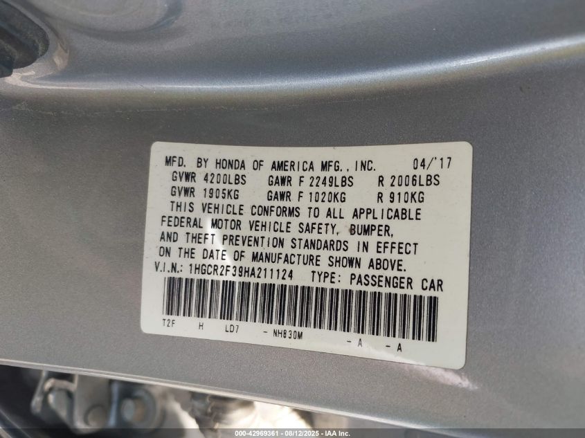 2017 Honda Accord Lx VIN: 1HGCR2F39HA211124 Lot: 42969361