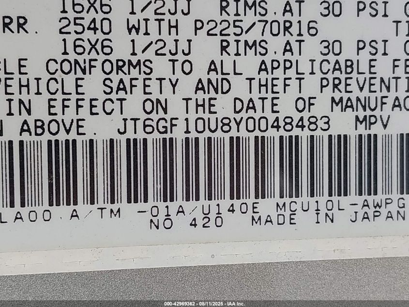 2000 Lexus Rx Series VIN: JC6GF10U8Y0048483 Lot: 42969362