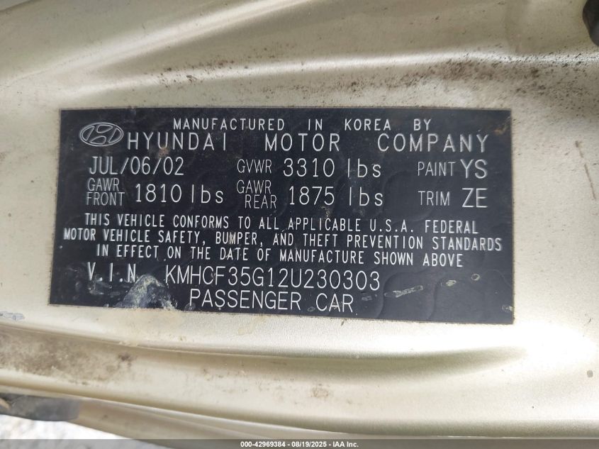 2002 Hyundai Accent L VIN: KMHCF35G12U230303 Lot: 42969384