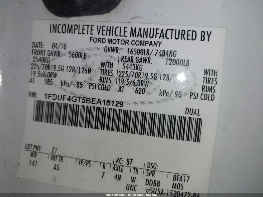 2011 Ford F-450 Chassis Xl VIN: 1FDUF4GT5BEA18129 Lot: 42969400