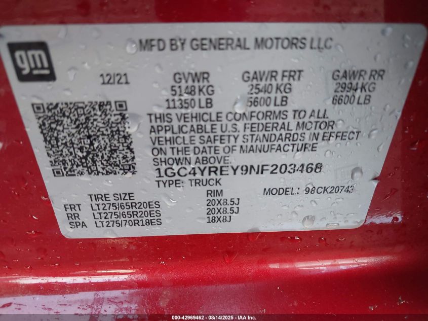 2022 Chevrolet Silverado 2500Hd 4Wd Standard Bed High Country VIN: 1GC4YREY9NF203468 Lot: 42969462