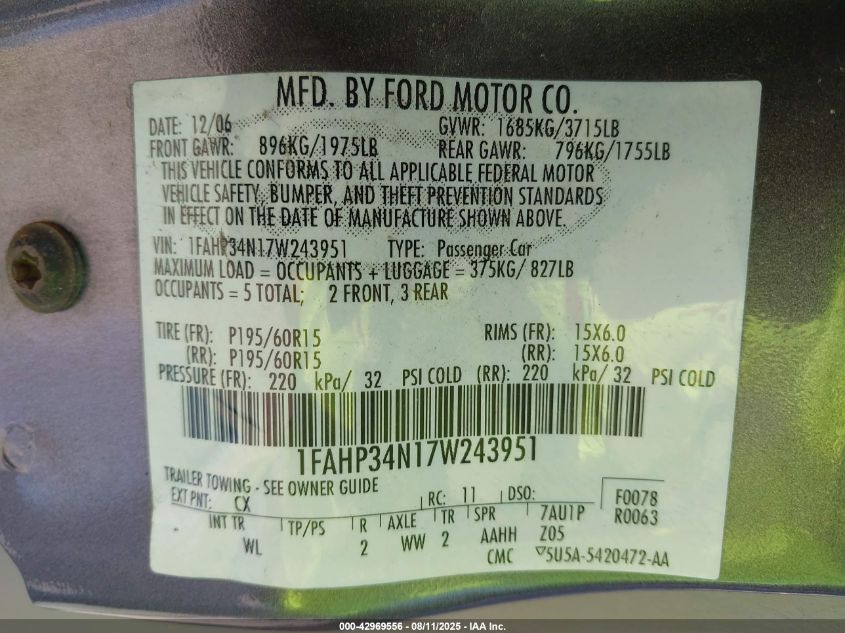 2007 Ford Focus S/Se/Ses VIN: 1FAHP34N17W243951 Lot: 42969556