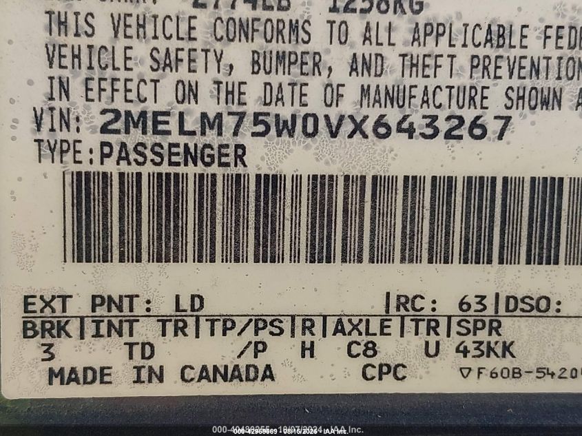 1997 Mercury Grand Marquis Ls VIN: 2MELM75W0VX643267 Lot: 42969569