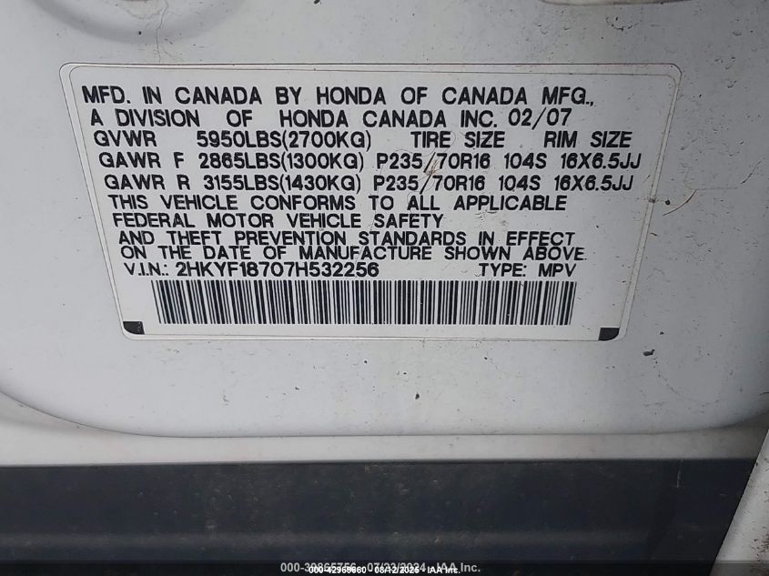 2007 Honda Pilot Ex-L VIN: 2HKYF18707H532256 Lot: 42969660