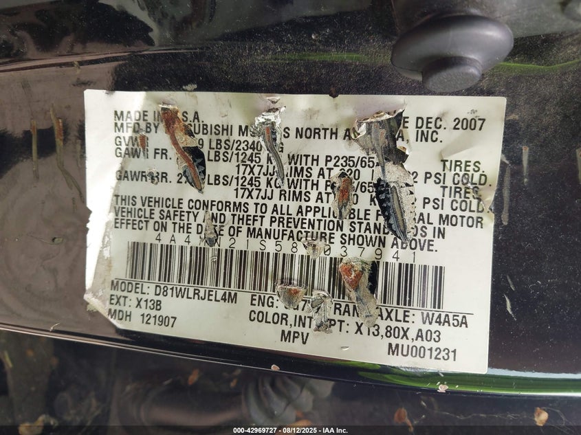 2008 Mitsubishi Endeavor Ls VIN: 4A4MN21S58E037941 Lot: 42969727