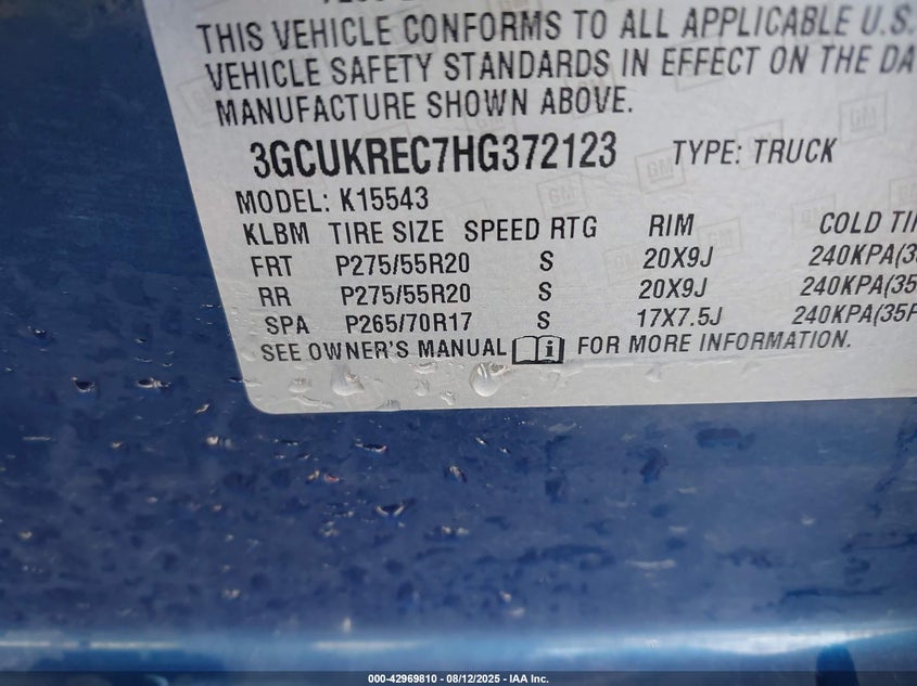 2017 Chevrolet Silverado 1500 2Lt VIN: 3GCUKREC7HG372123 Lot: 42969810