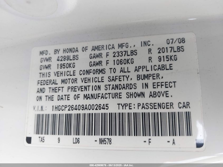 2009 Honda Accord 2.4 Lx-P VIN: 1HGCP26409A002645 Lot: 42969876