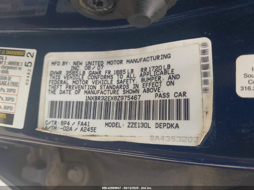 2008 Toyota Corolla Ce VIN: 1NXBR32EX8Z975467 Lot: 42969947