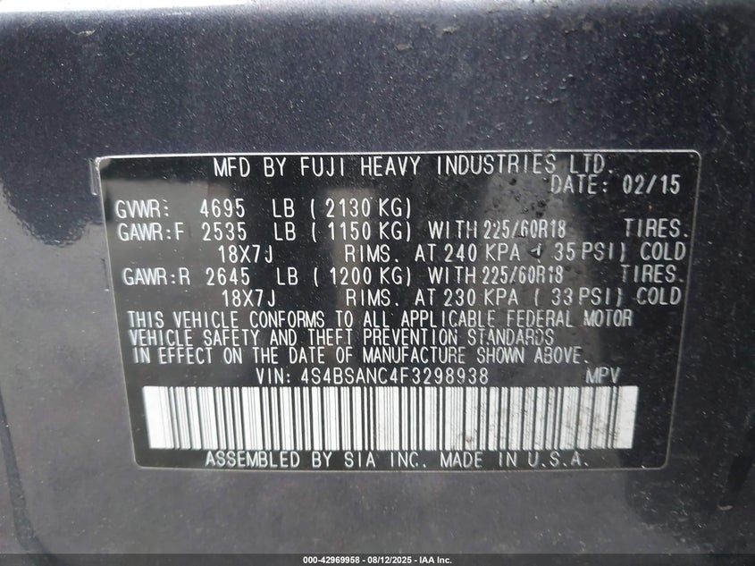 2015 SUBARU OUTBACK 2.5I LIMITED - 4S4BSANC4F3298938