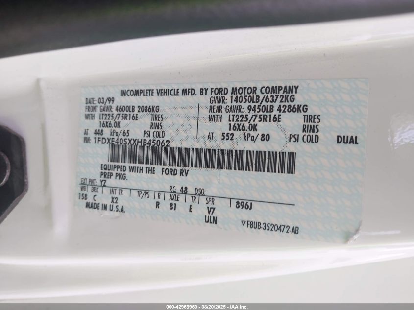 1999 Ford Econoline E450 Super Duty Cutwy Rv VIN: 1FDXE40SXXHB45062 Lot: 42969960