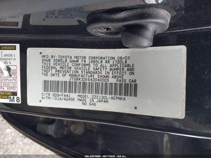 2004 Toyota Corolla Le VIN: JTDBR32E642040005 Lot: 42970069