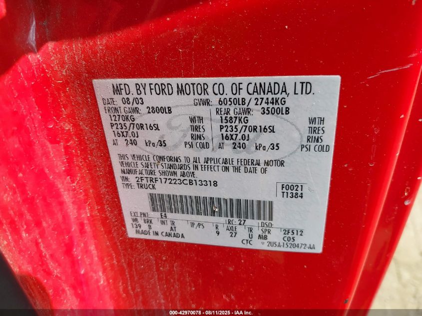 2003 Ford F-150 Xl/Xlt VIN: 2FTRF17223CB13318 Lot: 42970078