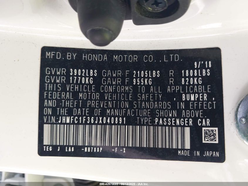 2018 Honda Civic Ex-T VIN: JHMFC1F36JX040891 Lot: 42970085