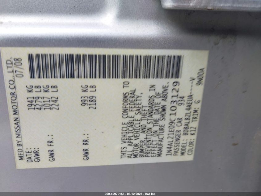 2009 Nissan Altima 2.5 S VIN: 1N4AL21E09C103129 Lot: 42970158