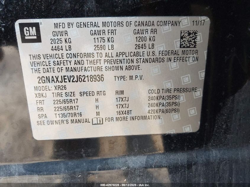 2018 Chevrolet Equinox Lt VIN: 2GNAXJEV2J6218936 Lot: 42970228