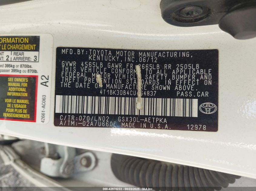 2012 Toyota Avalon Limited VIN: 4T1BK3DB4CU464837 Lot: 42970233