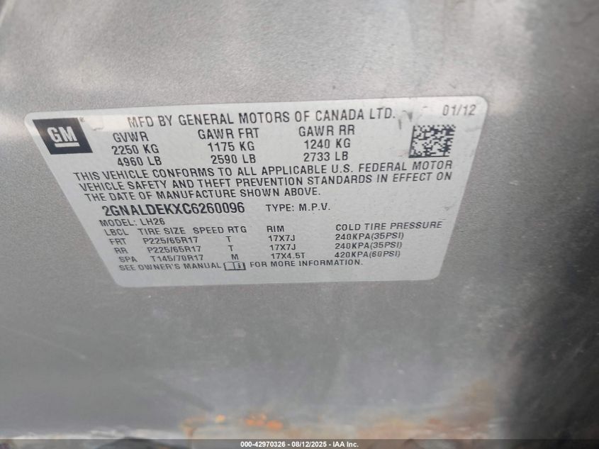 2012 Chevrolet Equinox 1Lt VIN: 2GNALDEKXC6260096 Lot: 42970326