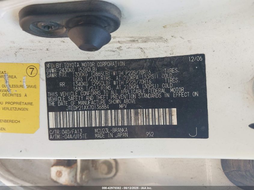 2007 Toyota Highlander Sport/Limited VIN: JTEDP21AX70136884 Lot: 42970382