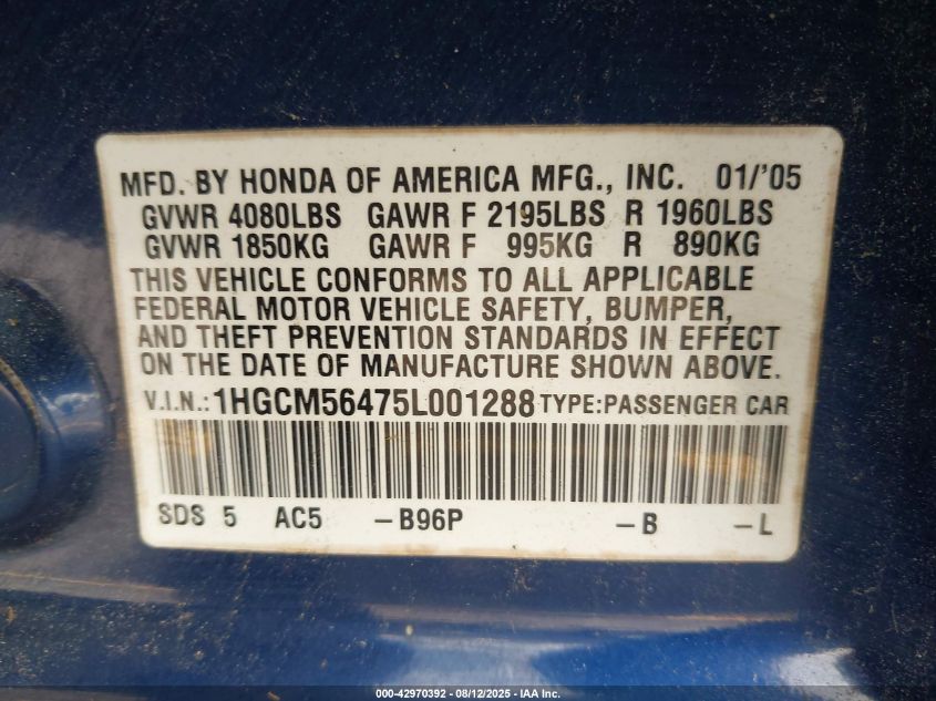 2005 Honda Accord 2.4 Lx VIN: 1HGCM56475L001288 Lot: 42970392