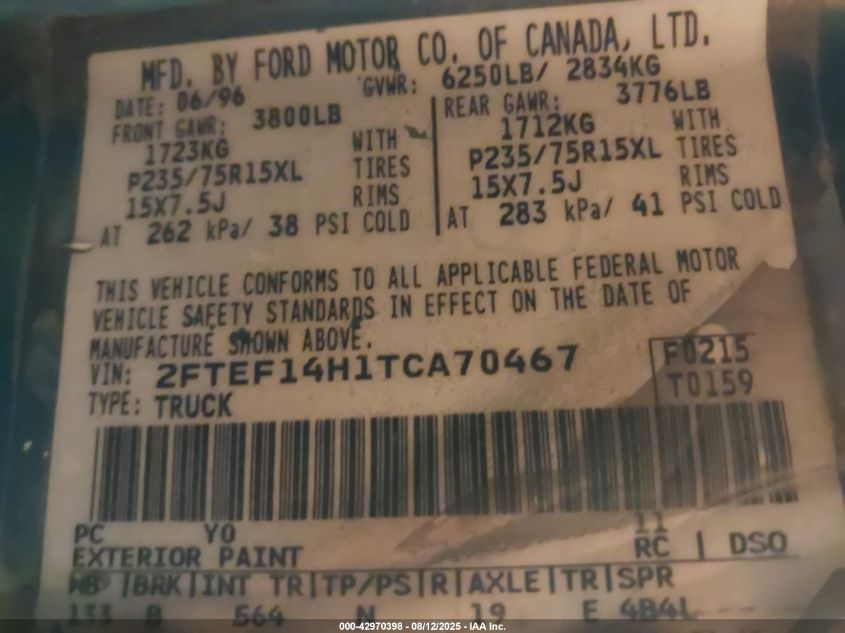 1996 Ford F150 VIN: 2FTEF14H1TCA70467 Lot: 42970398