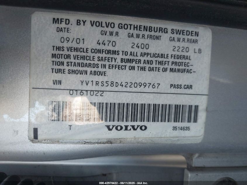2002 Volvo S60 2.4T VIN: YV1RS58D422099767 Lot: 42970422