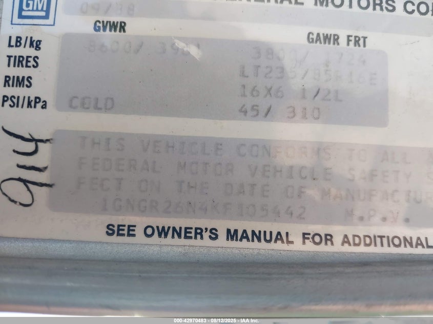 1989 Chevrolet Suburban R2500 VIN: 1GNGR26N4KF105442 Lot: 42970483