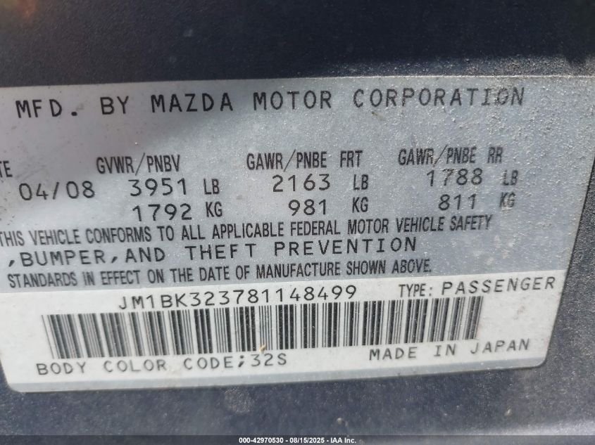 2008 Mazda Mazda3 S Sport VIN: JM1BK323781148499 Lot: 42970530