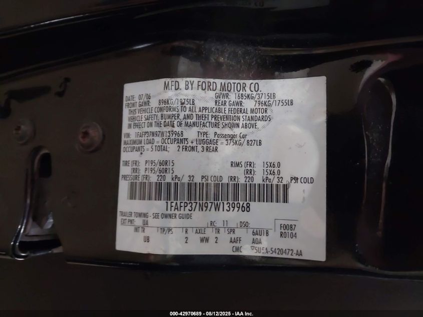 2007 Ford Focus S/Se/Ses VIN: 1FAFP37N97W139968 Lot: 42970689