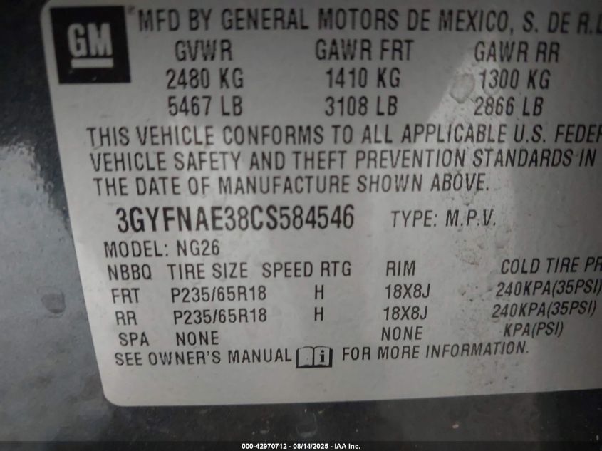 2012 Cadillac Srx Luxury Collection VIN: 3GYFNAE38CS584546 Lot: 42970712