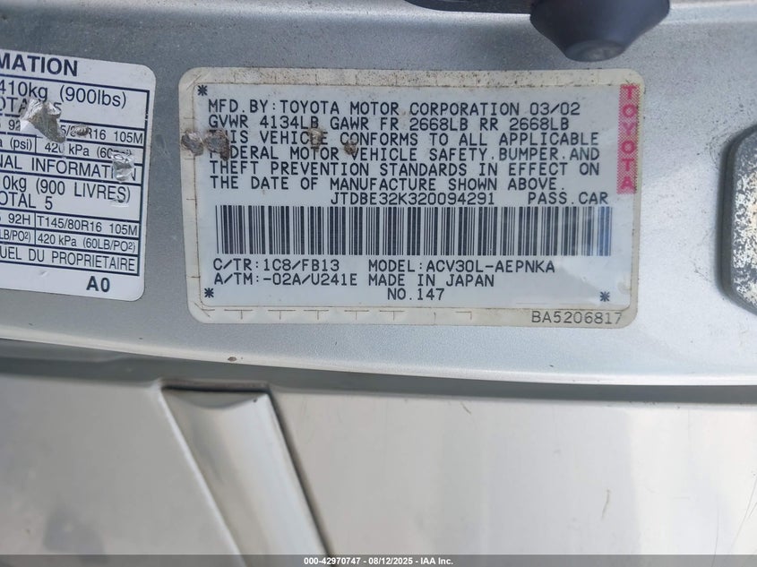 2002 Toyota Camry Le VIN: JTDBE32K320094291 Lot: 42970747