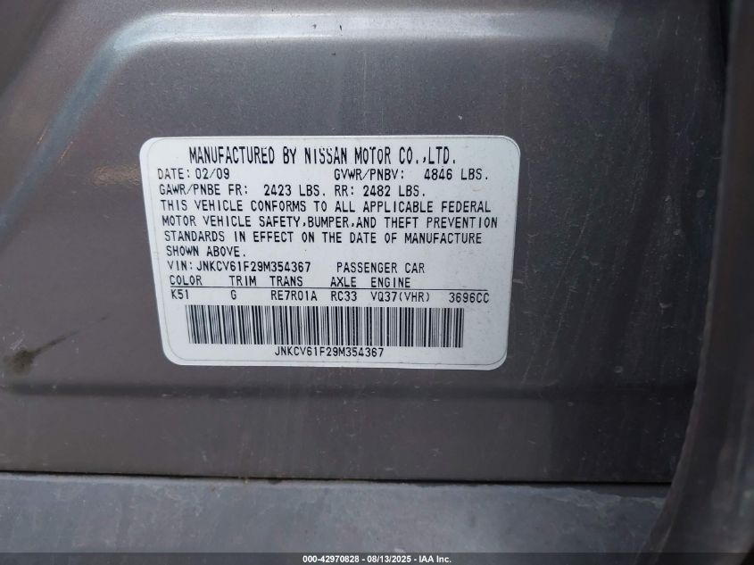 2009 Infiniti G37X VIN: JNKCV61F29M354367 Lot: 42970828