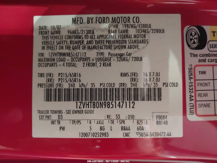 2008 Ford Mustang V6 Deluxe/V6 Premium VIN: 1ZVHT80N985147112 Lot: 42970853