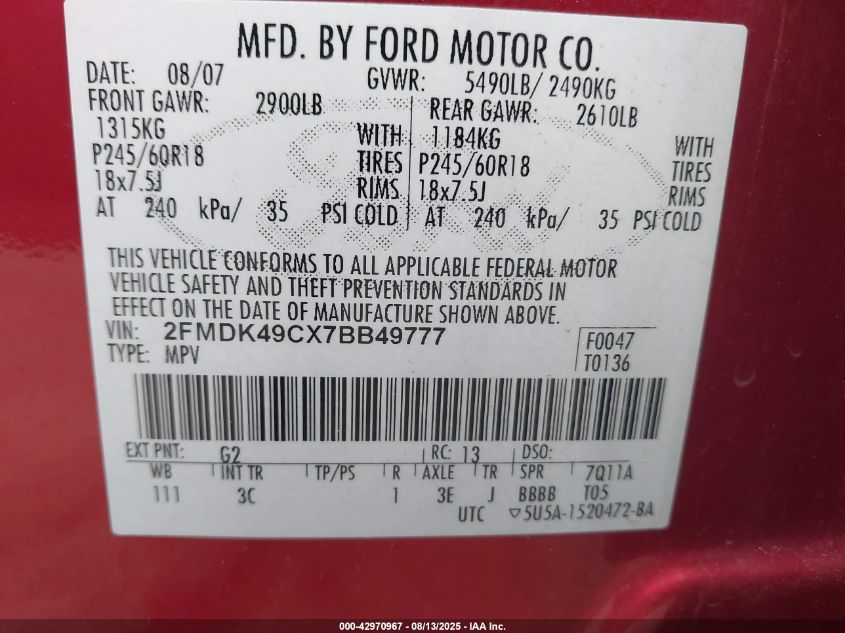 2007 Ford Edge Sel Plus VIN: 2FMDK49CX7BB49777 Lot: 42970967