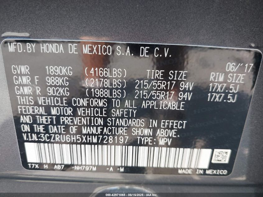 2017 Honda Hr-V Ex VIN: 3CZRU6H5XHM728197 Lot: 42971065