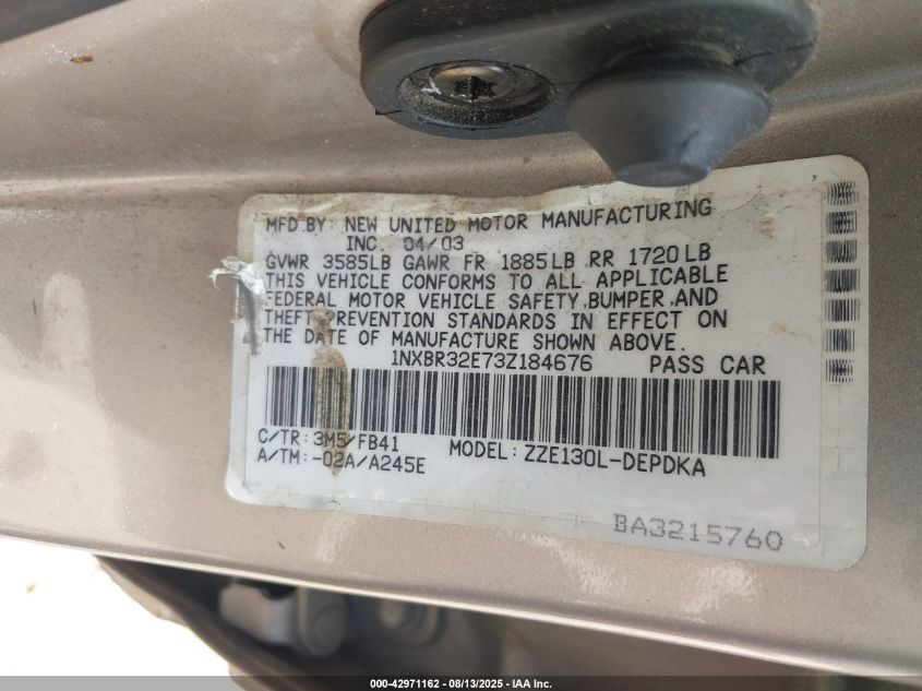 2003 Toyota Corolla Ce VIN: 1NXBR32E73Z184676 Lot: 42971162