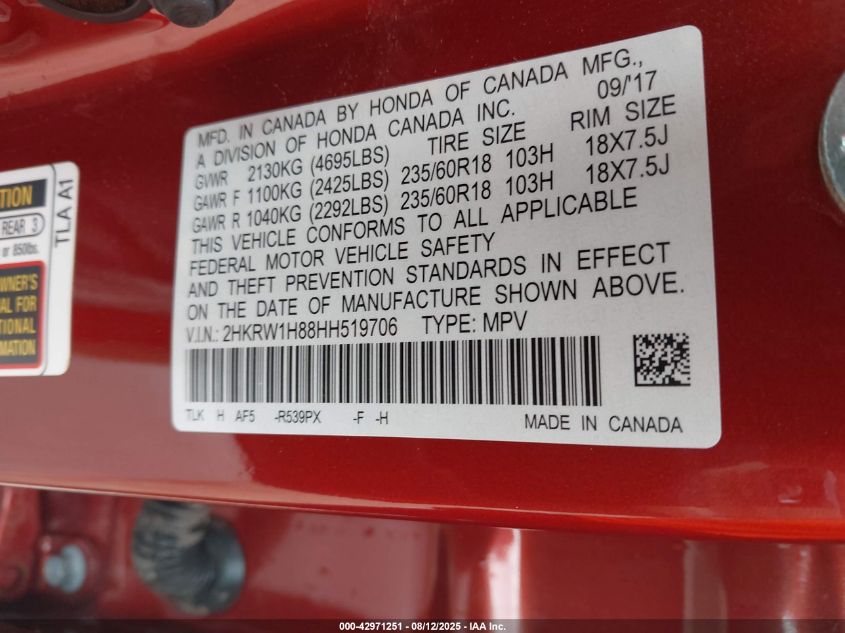 2017 Honda Cr-V Ex-L/Ex-L Navi VIN: 2HKRW1H88HH519706 Lot: 42971251