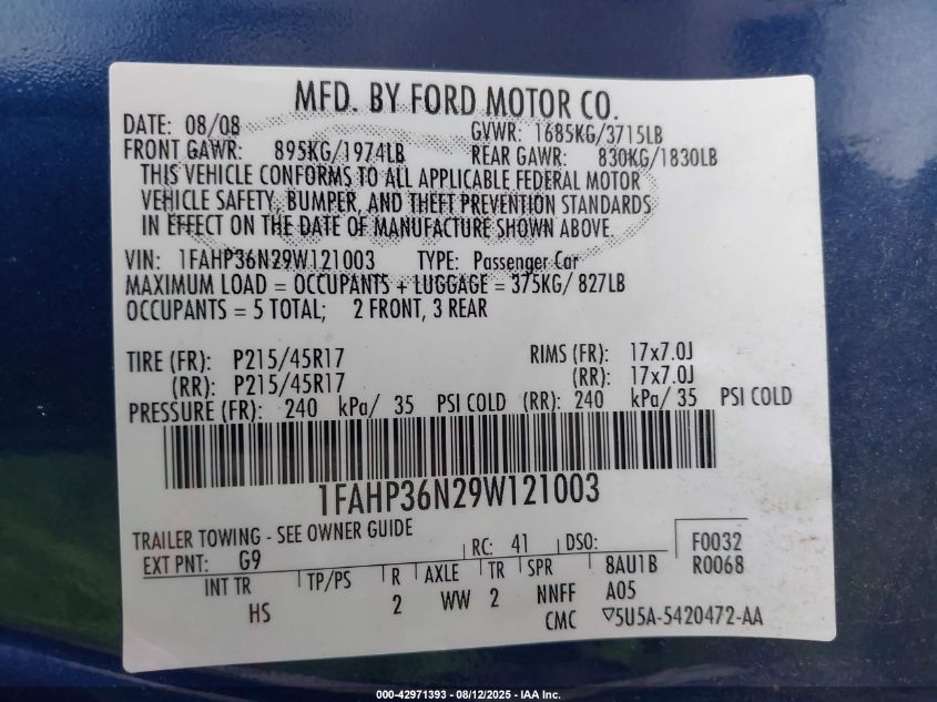 2009 Ford Focus Ses VIN: 1FAHP36N29W121003 Lot: 42971393