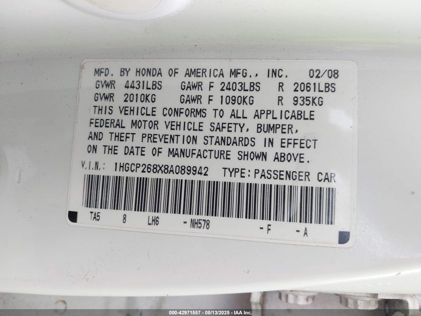 1HGCP268X8A089942 2008 HONDA ACCORD photo no. 9