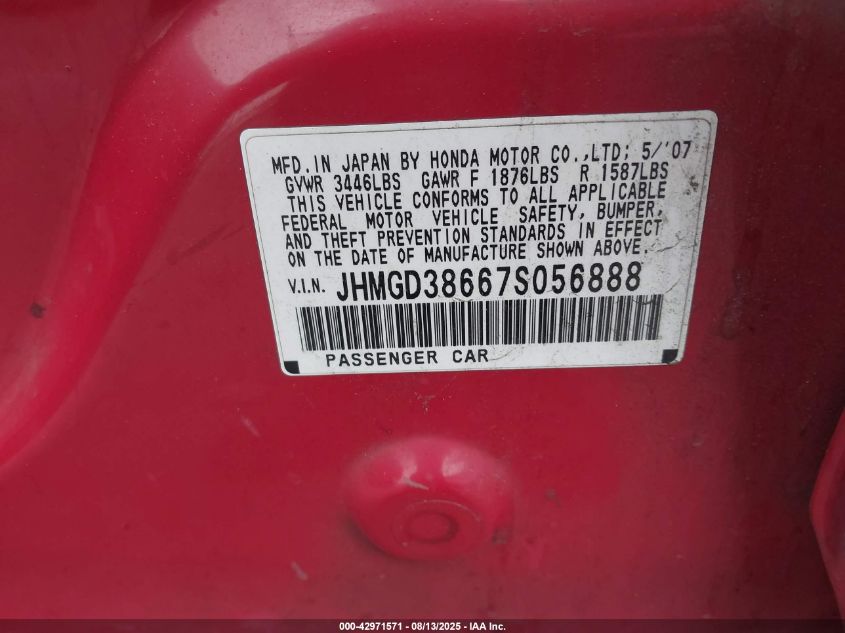 2007 Honda Fit Sport VIN: JHMGD38667S056888 Lot: 42971571