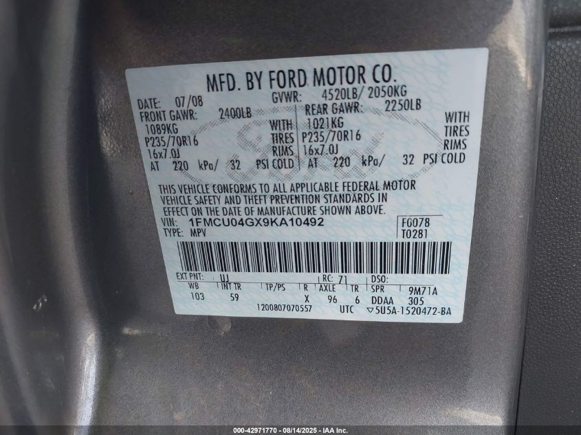 2009 Ford Escape Limited VIN: 1FMCU04GX9KA10492 Lot: 42971770