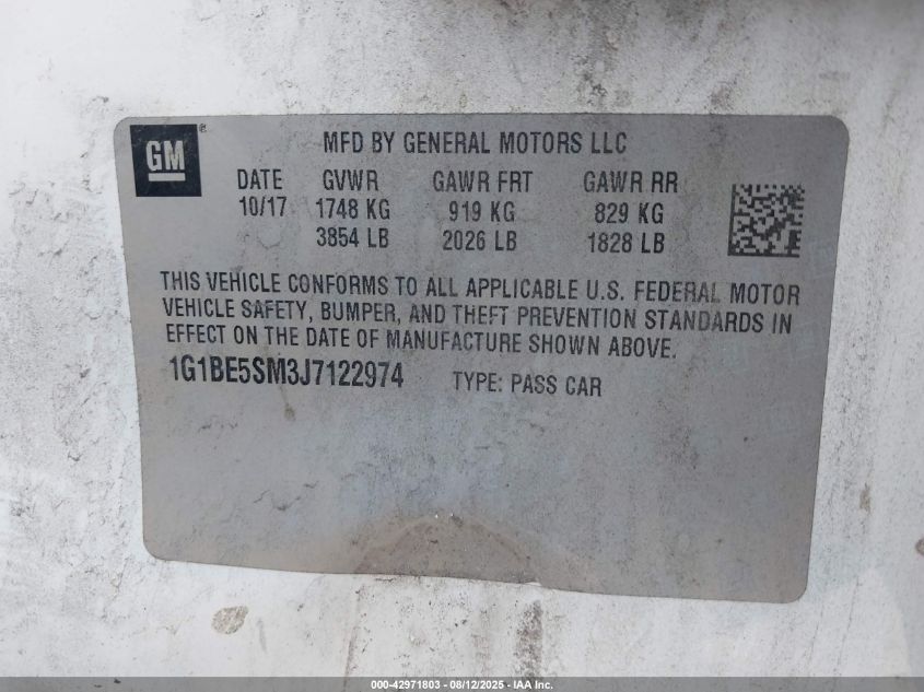 2018 Chevrolet Cruze Lt Auto VIN: 1G1BE5SM3J7122974 Lot: 42971803