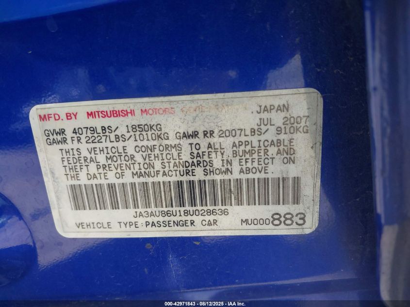 2008 Mitsubishi Lancer Gts VIN: JA3AU86U18U028636 Lot: 42971843