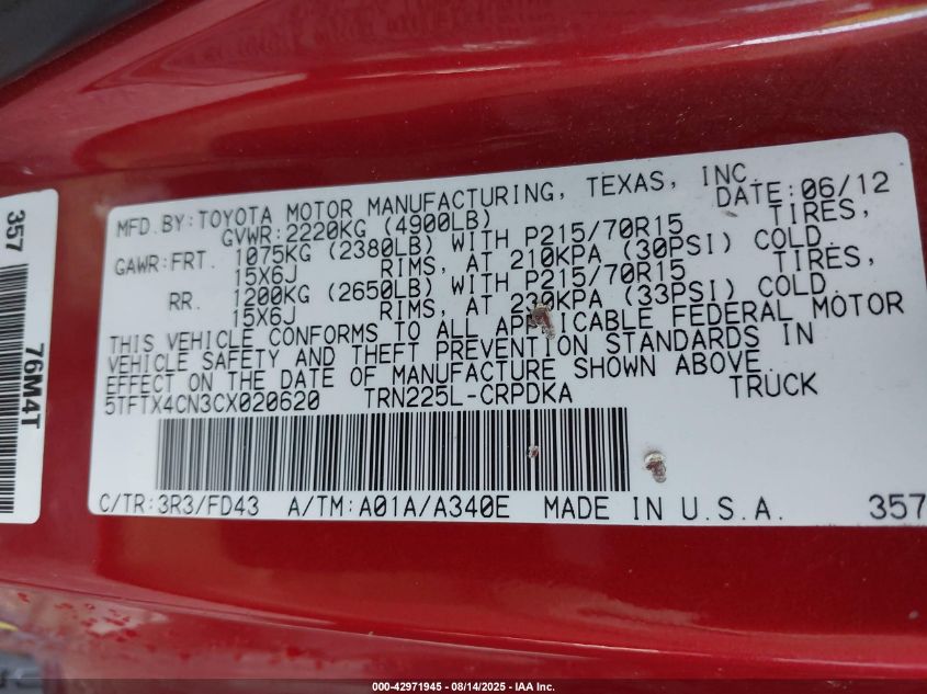 2012 Toyota Tacoma VIN: 5TFTX4CN3CX020620 Lot: 42971945