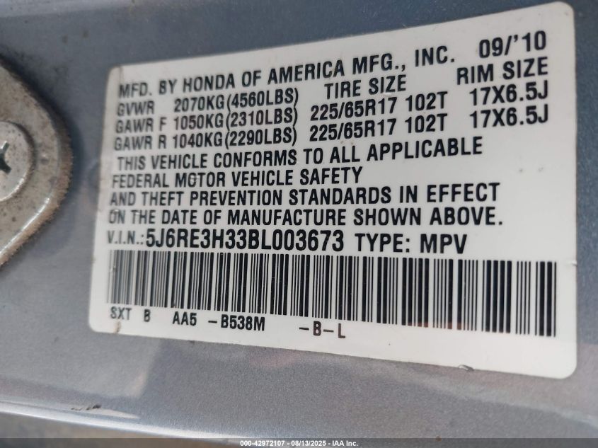 2011 Honda Cr-V Lx VIN: 5J6RE3H33BL003673 Lot: 42972107