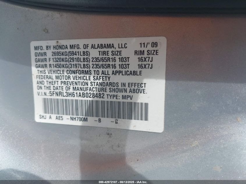 2010 Honda Odyssey Ex-L VIN: 5FNRL3H61AB028482 Lot: 42972187