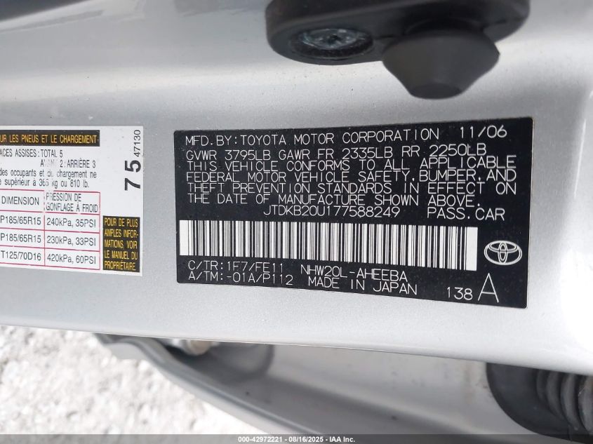 2007 Toyota Prius VIN: JTDKB20U177588249 Lot: 42972221